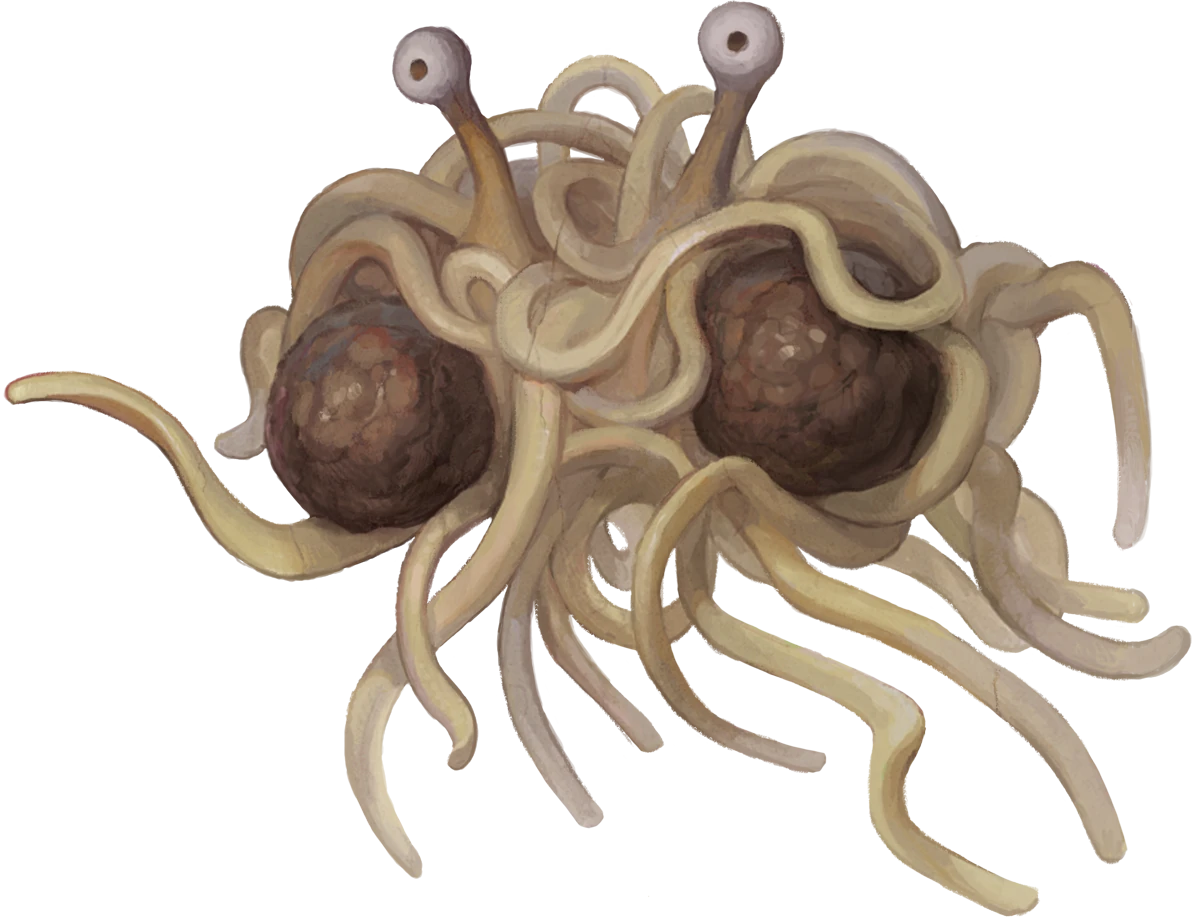 Flying Spaghetti Monster with two meatballs, painted noodles, and eyes on stalks
